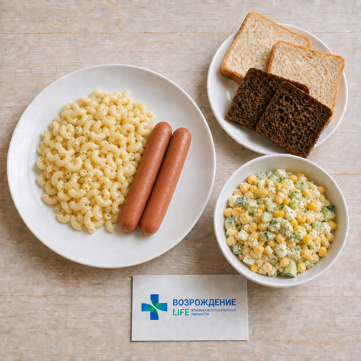 Макароны с сосисками. Макароны, сосиски, кукурузный салат и хлеб.